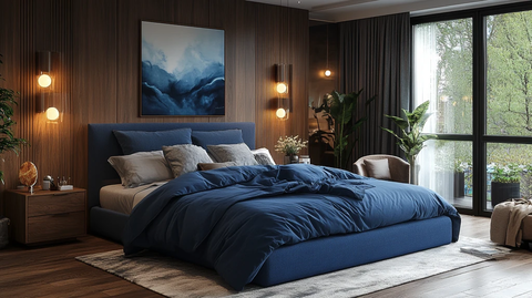 蓝色木床卧室