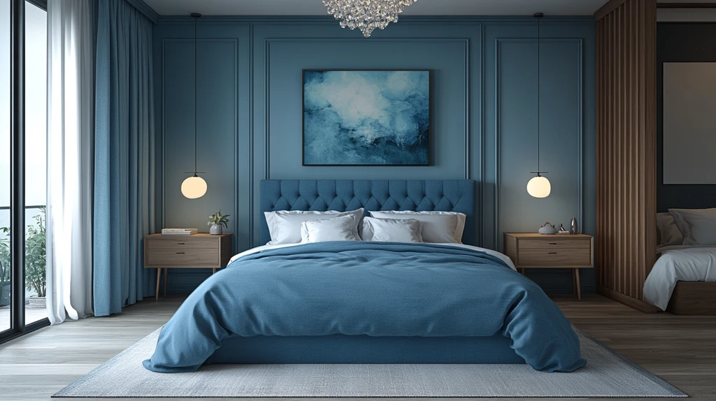 蓝色木床卧室