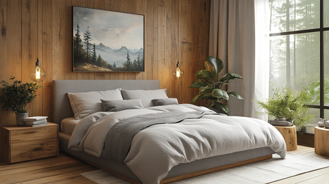 木质床头与灰床