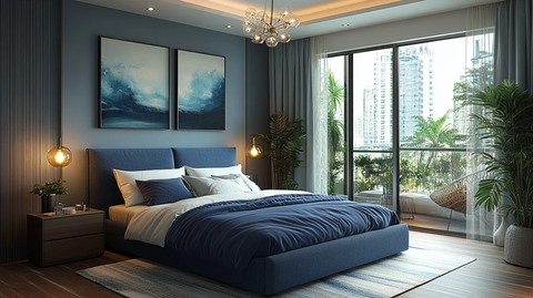 蓝床木地板简约卧室