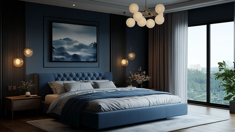 蓝床木地板简约卧室