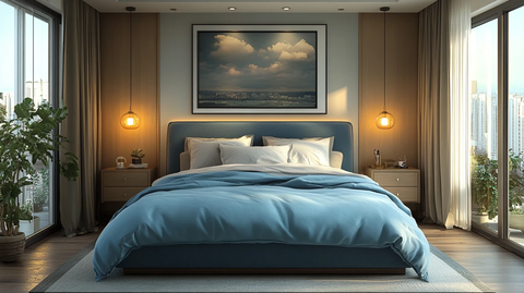 蓝床木地板简约卧室