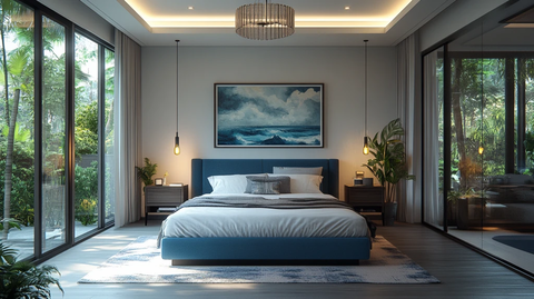 蓝床木地板简约卧室