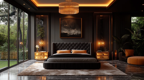 黑色床铺金色床头柜