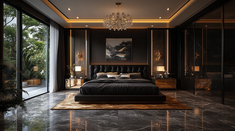 黑色床铺金色床头柜