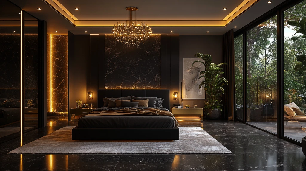 黑色床铺金色床头柜