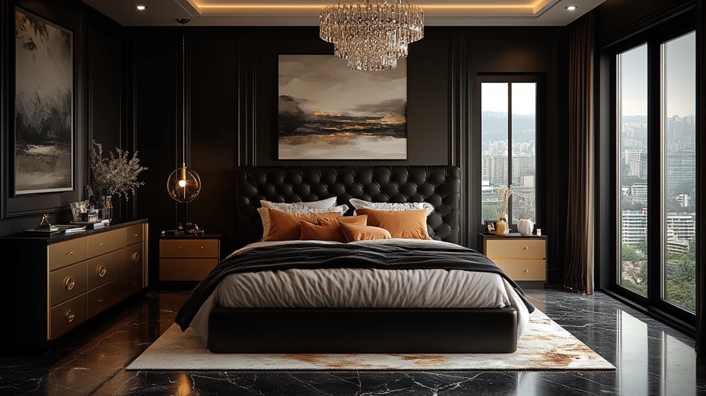 黑色床铺金色床头柜