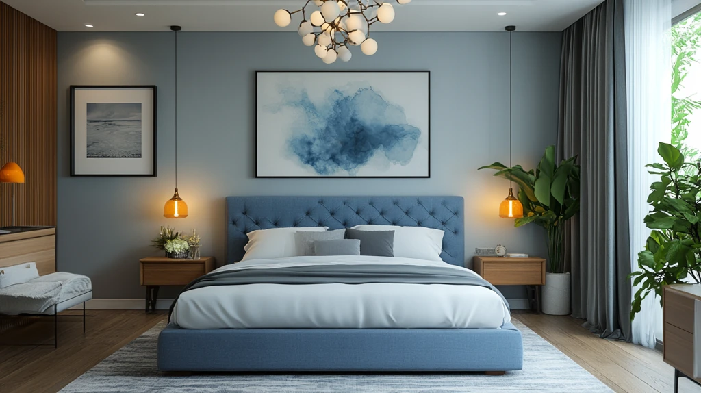 蓝色床铺简约卧室