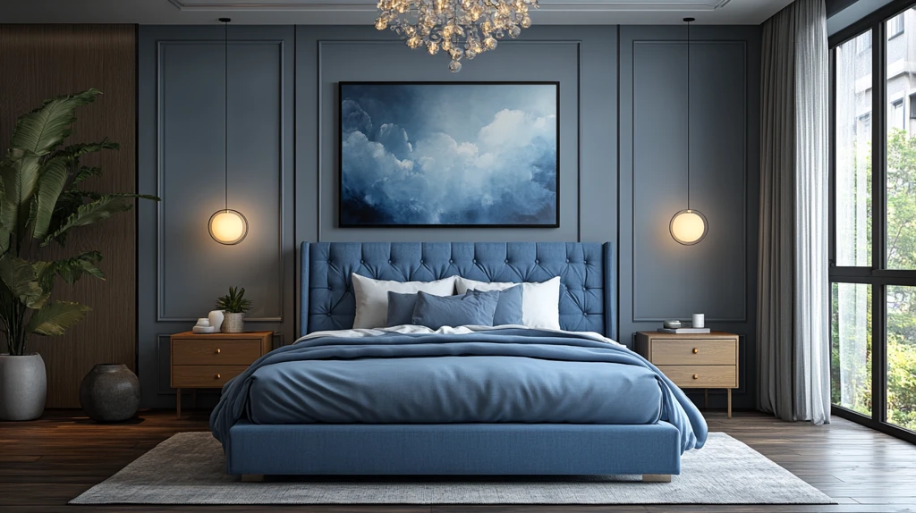 蓝色床铺简约卧室