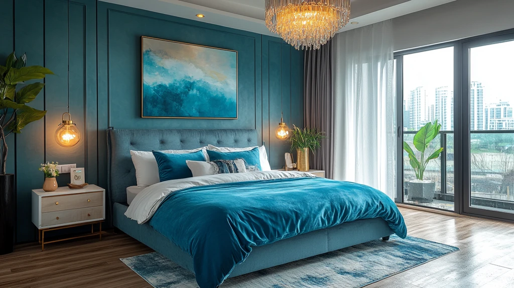 蓝色床铺简约卧室