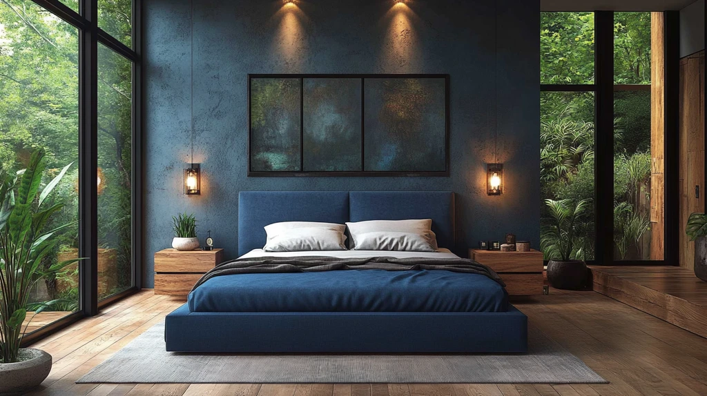 蓝色床铺简约卧室