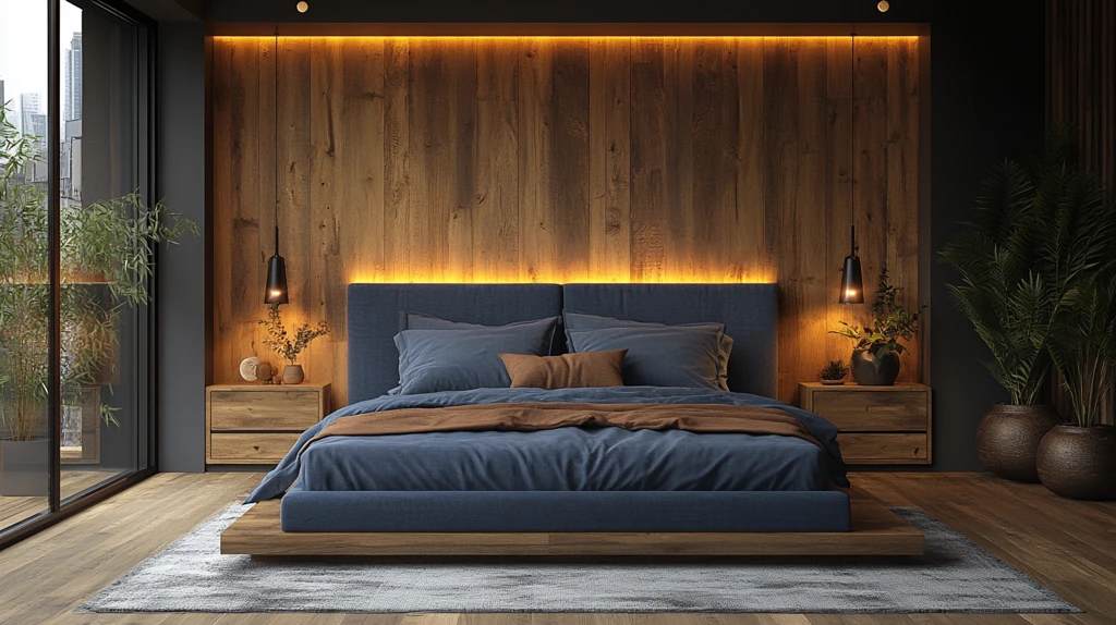 蓝色床铺简约卧室