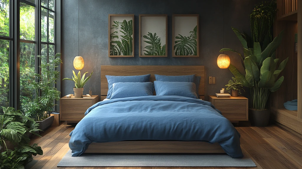 蓝色床铺简约卧室