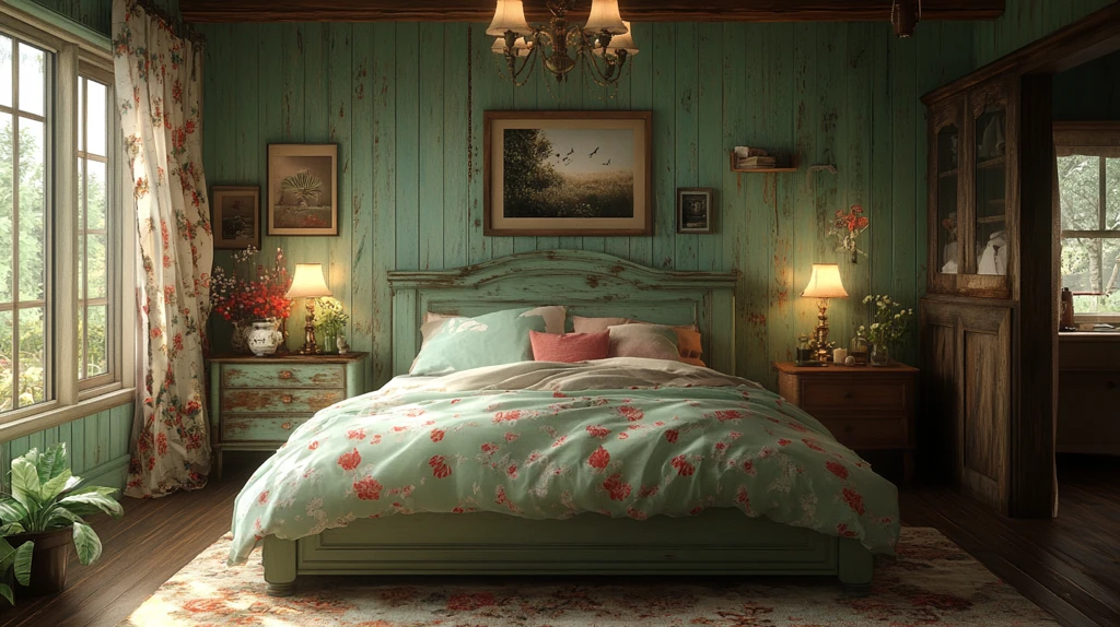 绿色床铺木质床头柜