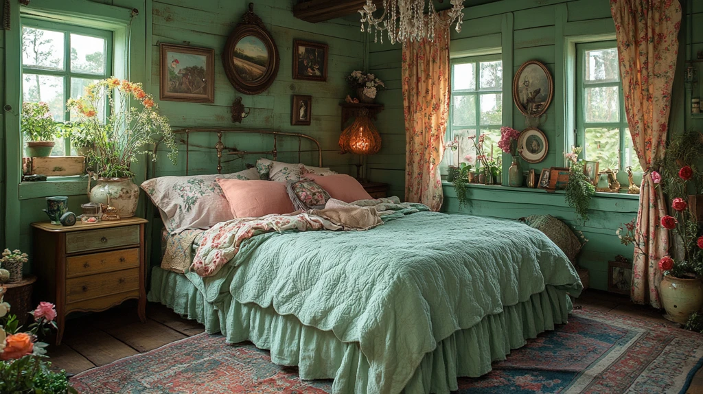 绿色床铺木质床头柜