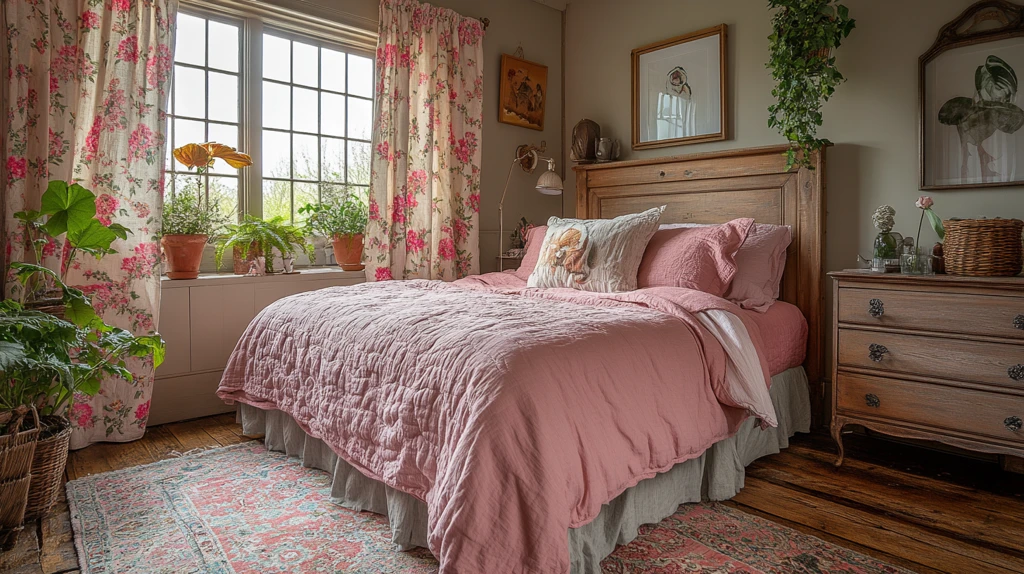 粉色床与木质床头柜