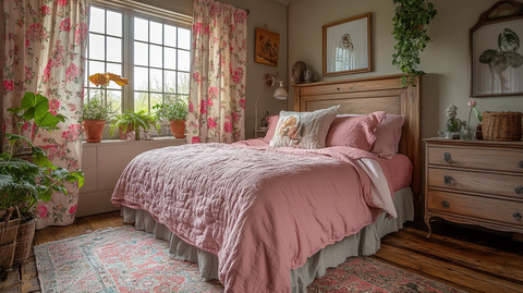 粉色床与木质床头柜