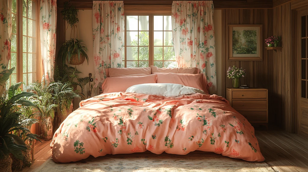 粉色床与木质床头柜