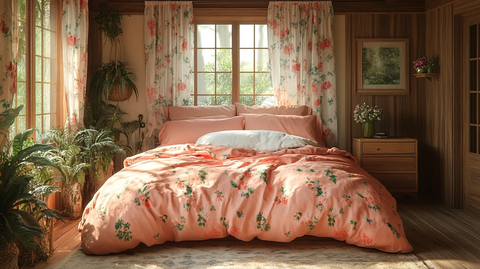 粉色床与木质床头柜