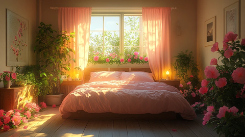 粉色床与木质床头柜