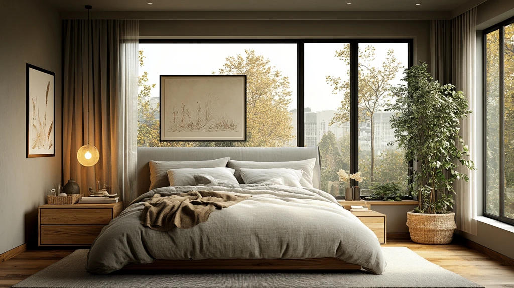 灰色木床简约卧室