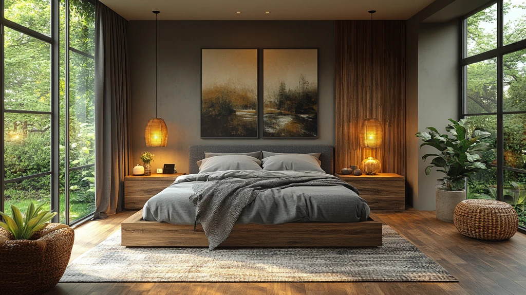 灰色木床简约卧室