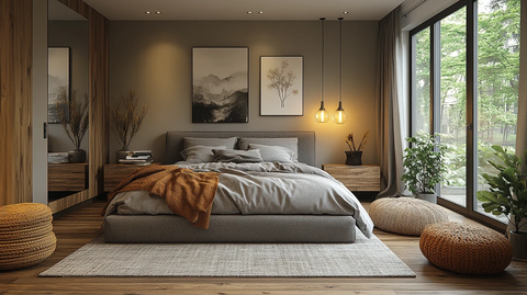 灰色木床简约卧室