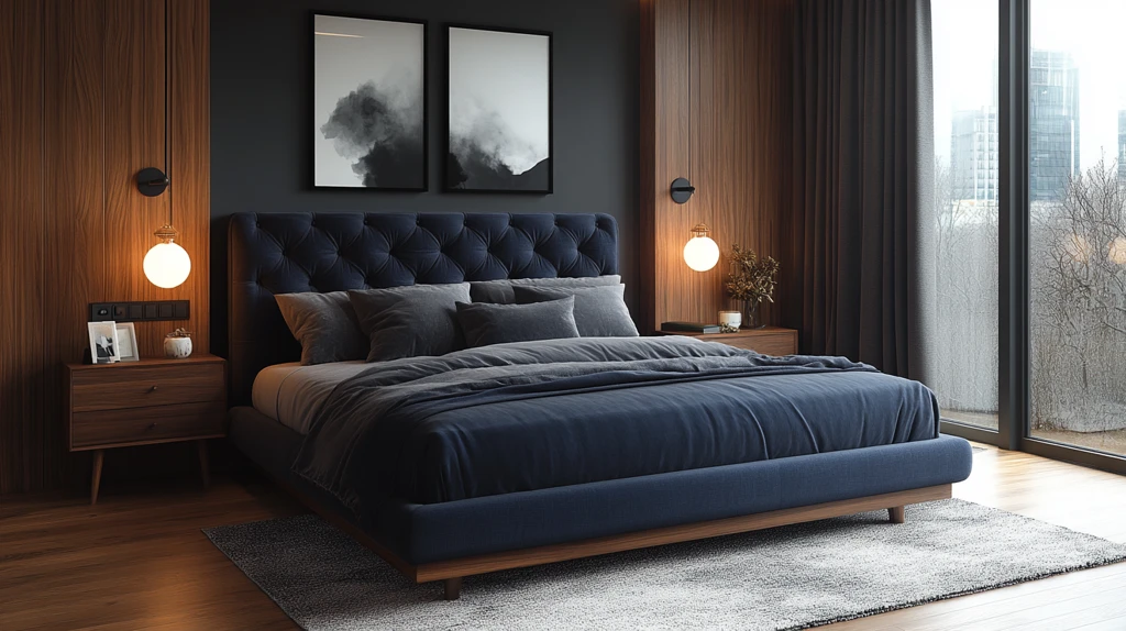 蓝色床铺木质床头柜