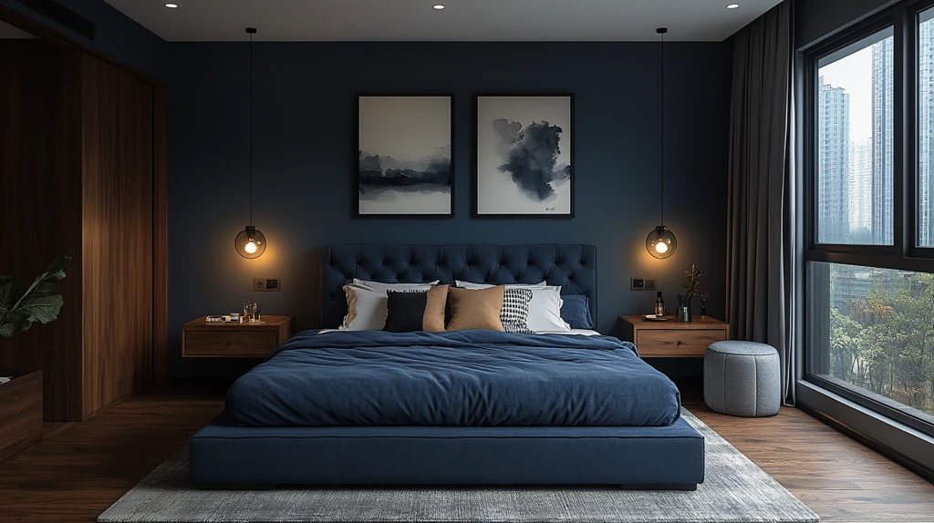 蓝色床铺木质床头柜