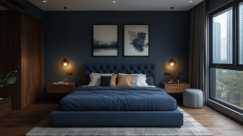 蓝色床铺木质床头柜