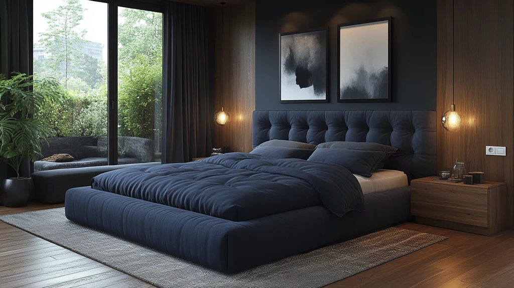 蓝色床铺木质床头柜