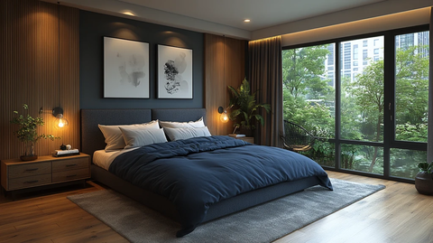 蓝色床铺木质床头柜