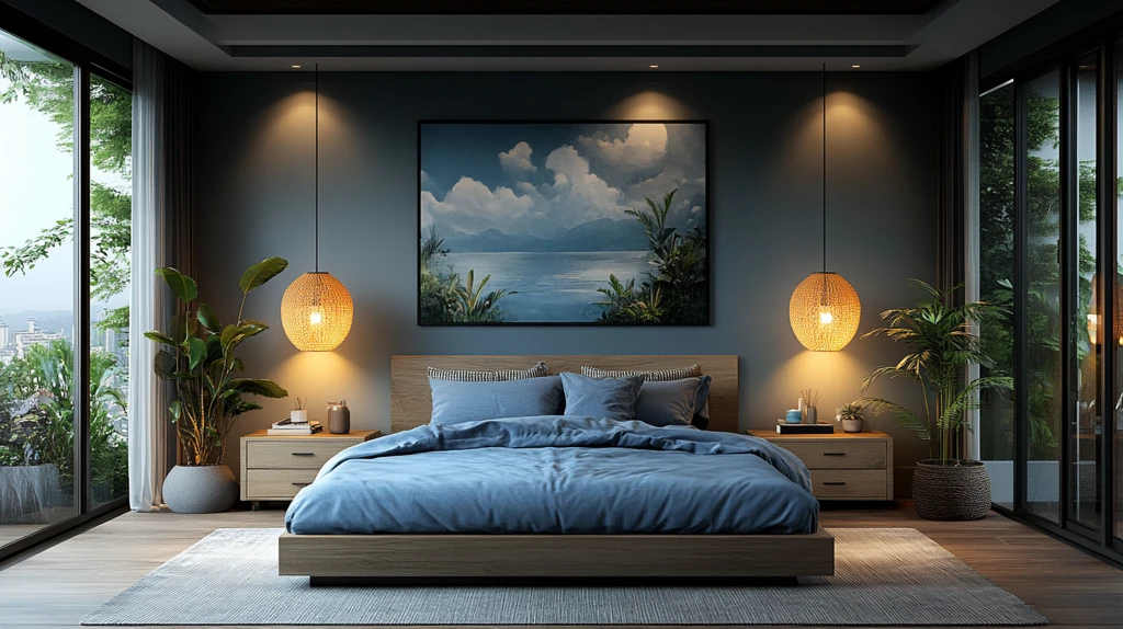 蓝色木床简约卧室