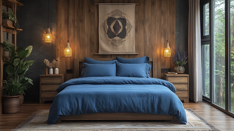 蓝色木床简约卧室