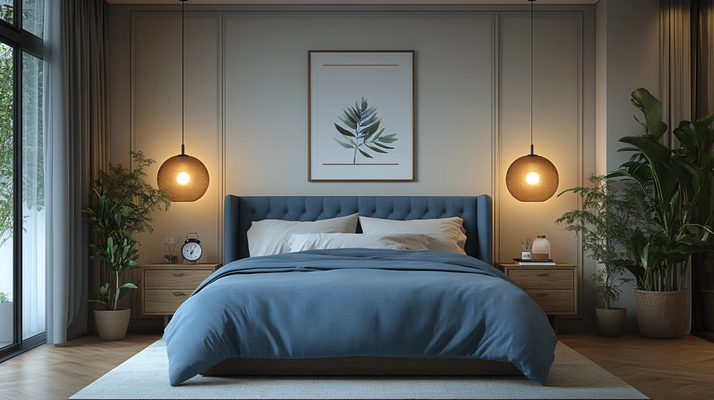 蓝色木床简约卧室