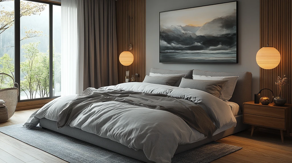 灰床木桌简约卧室