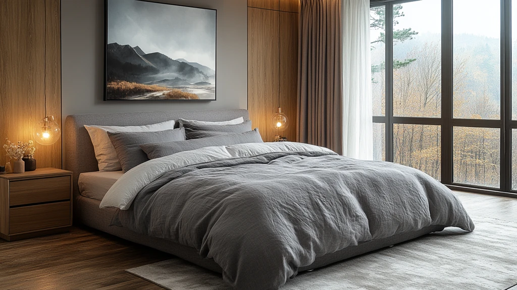 灰床木桌简约卧室