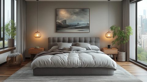 灰床木桌简约卧室