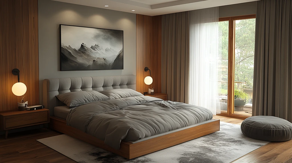 灰床木桌简约卧室