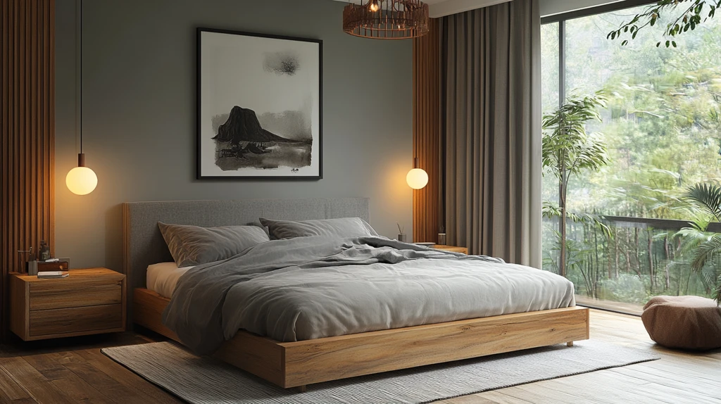 灰床木桌简约卧室