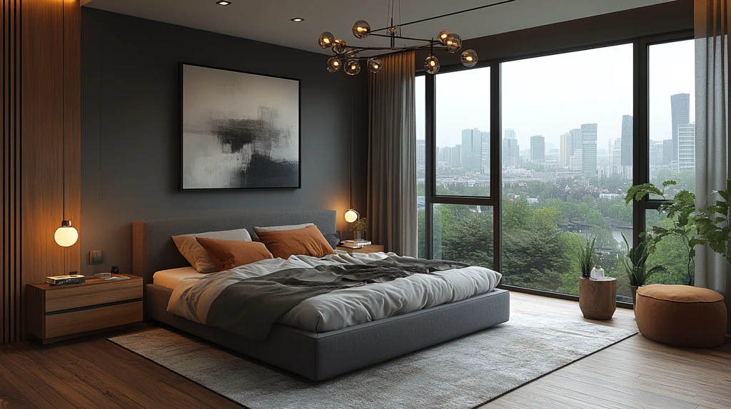 灰床木桌简约卧室