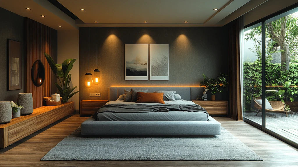 灰床木桌简约卧室