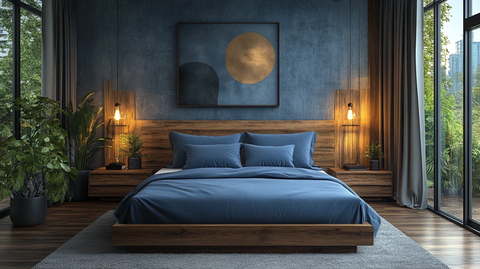 蓝色床铺木质床头