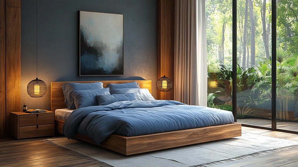 蓝色床铺木质床头