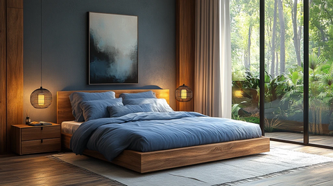 蓝色床铺木质床头