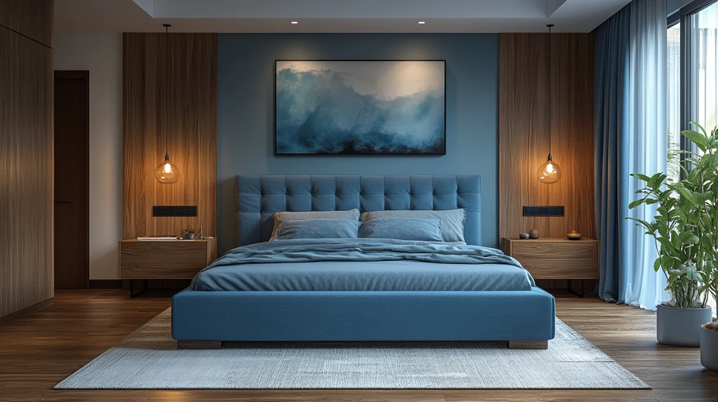 蓝色床铺木质床头