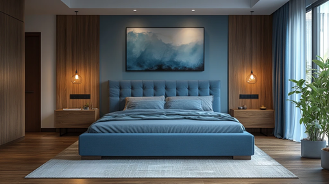 蓝色床铺木质床头