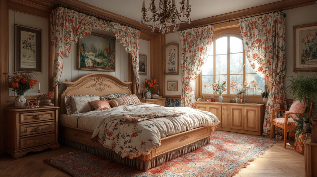 古典木床与花卉窗帘