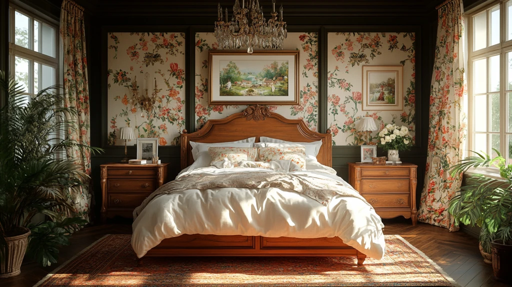 古典木床与花卉窗帘