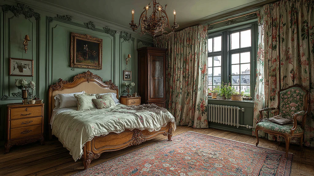 古典木床与花卉窗帘